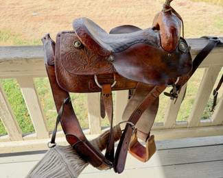 Lot #313 - Billy Cook Saddlery Chestnut Color Leather Ranch Saddle-Floral Tooled w/ Leather Breast Collar Saddle Stamped 7518-6