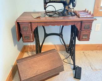 Lot 070 Antique Singer Sewing Machine in Ornate Treadle Cabinet Sears Kenmore Electric Motor