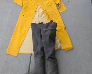 Lot 295 Rain Slicker w Mens Size 9 Red Head Bone Dry Hip Waders Waterproof Rubber Boots