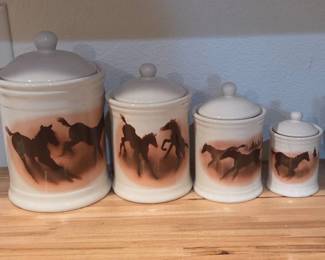 Lot 074 Set of 4 Montana Lifestyles by Montana Silversmiths Ceramic Horse Canisters Western Kitchen Dcor