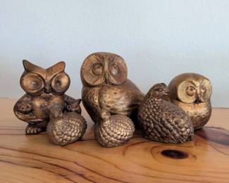 Lot 012 Set of 6 BronzeTone Composite Bird Figurines Owls Quail