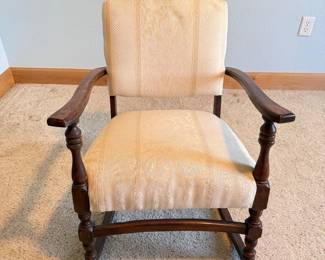 Lot 069 Vintage Wooden Rocking Chair with Cream Floral Damask Upholstery Traditional Style