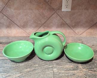 Lot 085 Vintage Hall China Jade Green Donut Pitcher 2 Matching Bowls Made in USA