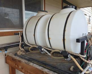 Lot 327 Industrial Dual Plastic Tank with Metal Frame, Pump, and Pressure Gauge