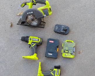 Lot 214 Ryobi ONE 18V Cordless Power Tool Lot Circular Saw, Drill, LED Flashlight, Charger Accessories