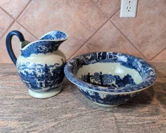 Lot 087 Blue White Ceramic Pitcher and Wash Basin Set AntiqueStyle Reproduction