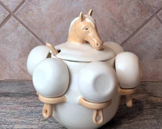 Lot 083 Vintage Storyteller Arts Horse Head Ceramic Soup Tureen Set 6 Bowls Ladle Mexico