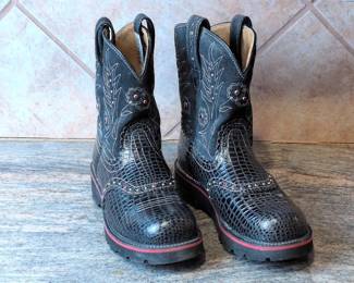 Lot #89 - Ariat Fatbaby Women's Western Cowboy Boots – Black Embossed Floral Design – Size 9.5
