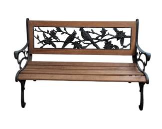 Lot 168 Wood Cast Iron Garden Bench with Decorative Birds Floral Backrest