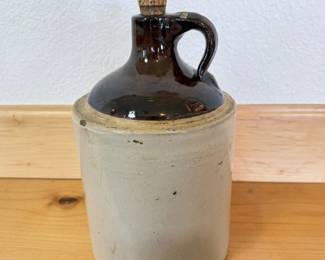 Lot 033 Vintage TwoTone Stoneware Jug with Cork Stopper Brown Beige Glaze