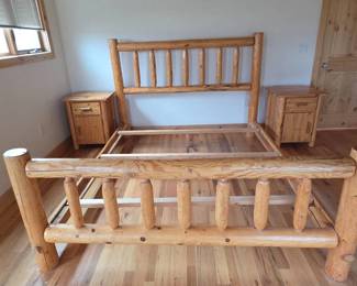 Lot 123 Rustic Log Wood Bed Frame with Matching Nightstands 3 Piece Bedroom Set