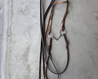 Lot 235 Schultz Bros Leather Horse Bridle with Loose Ring Snaffle Bit Dark Leather Reins
