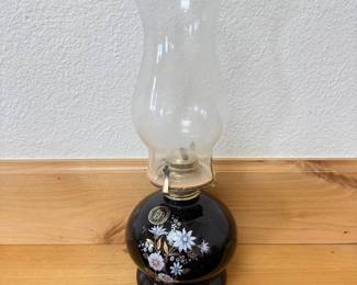 Lot 029 Vintage Lamplight Farms Black Floral Oil Lamp with Glass Chimney