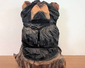 Lot 006 Rustic HandCarved Wooden Bear Sculpture on Natural Tree Stump