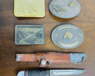 Lot 112 Vintage Western Belt Buckle Collection with Western Hunting Knife Leather Sheath 5 Items