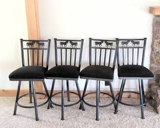 Lot 092 Set of 4 Western Horse CounterHeight Bar Stools Black Metal Upholstered Seats