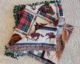 Lot 028 Lot of 2 HorseThemed Throw Blankets Racehorses Plaid Fleece