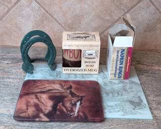 Lot 082 Assorted Western Horse Cowboy Kitchen Dcor Lot Napkin Rings, Mug, Trivets More