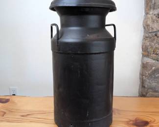 Lot 016 Vintage Black Metal Milk Can with Lid Side Handles