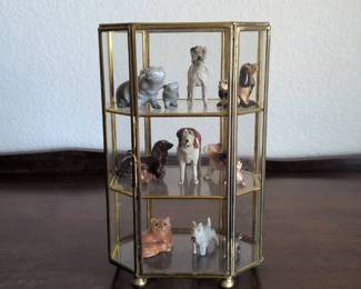 Lot 063 Miniature Animal Figurine Collection with Vintage Brass Glass Display Case