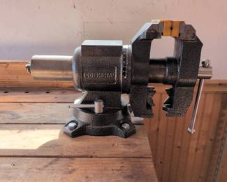 Lot 285 Columbian HeavyDuty Cast Iron Bench Vise with Swivel Base and Protective Jaw Covers