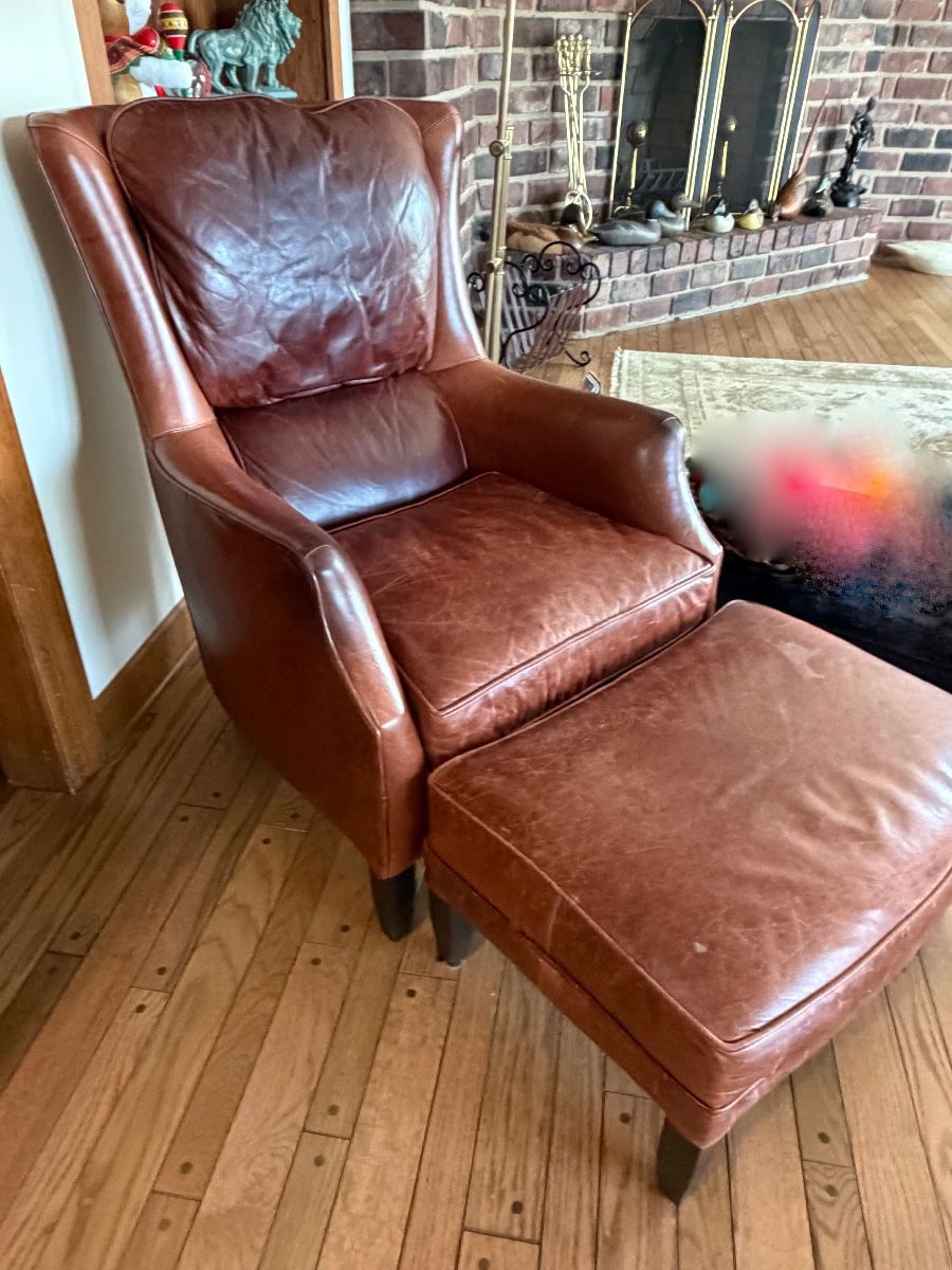 Arhaus leather club chair and ottoman. 37h x 29d x 26w