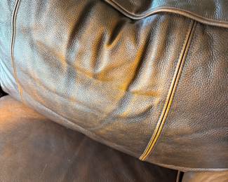 Brown Leather 2 pc sectional sofa with ottoman – Cambridge Collection. Feather and down cushions, wood block feet. 93.5l x 39d x 32h, 54l x 39d x 32h