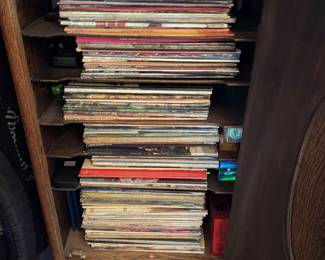 antique oak music / record cabinet with a good mix of vinyls - 1970s rock to classical