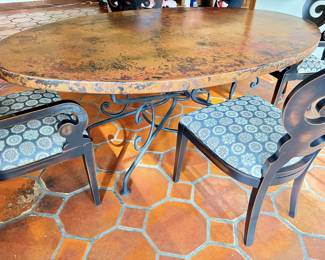 Arhaus Arabesque oval hammered copper & iron dining table + Arhaus Jordan Bell'arte chairs in black with gray/copper upholstery