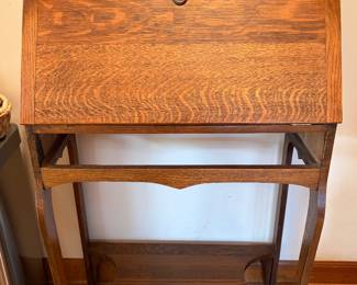 Antique petite drop front oak writing desk. 27.5w x 45h x 13d