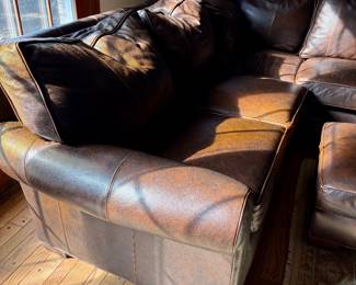 Brown Leather 2 pc sectional sofa with ottoman – Cambridge Collection. Feather and down cushions, wood block feet. 93.5l x 39d x 32h, 54l x 39d x 32h