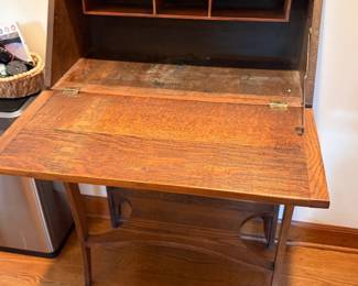 Antique petite drop front oak writing desk. 27.5w x 45h x 13d