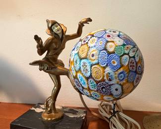 Vintage Italian Art Deco Ignacio Gallo art lamp, millefiori glass globe and harlequin figure