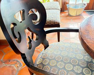 Arhaus Jordan Bell'arte dining chairs in black with gray/copper/gold medallion upholstery