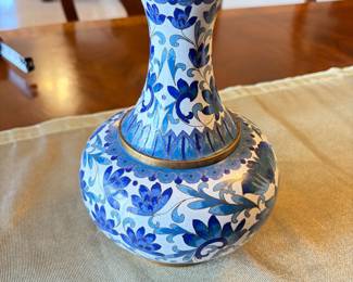 brass & enamel blue and white vase