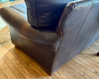 Brown Leather 2 pc sectional sofa with ottoman – Cambridge Collection. Feather and down cushions, wood block feet. 93.5l x 39d x 32h, 54l x 39d x 32h