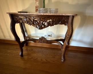 Marble top carved wood console table 46w x 34h x 17.5 d