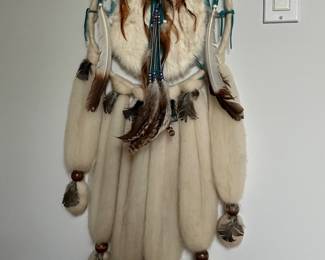 large Native American style dreamcatcher with wool, feathers & beads