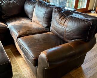 Brown Leather 2 pc sectional sofa with ottoman – Cambridge Collection. Feather and down cushions, wood block feet. 93.5l x 39d x 32h, 54l x 39d x 32h