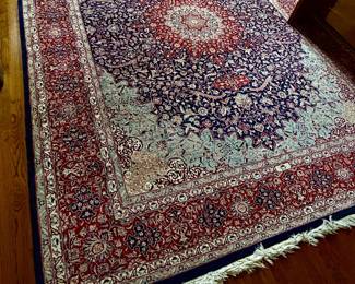 Bedroom rug 12ft x 9 ft silk and wool hand knotted deep red and blue
