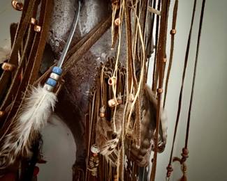 Native American style horned skull with feathers