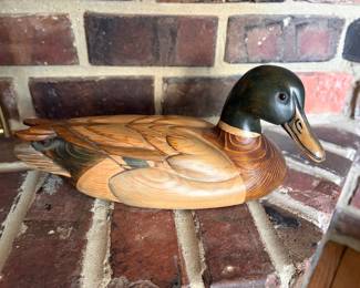 carved wood duck - Tom Taber Signature Collection 85/86 season, signed Tom Taber & John R Fairfield 17”l x 7.5”H