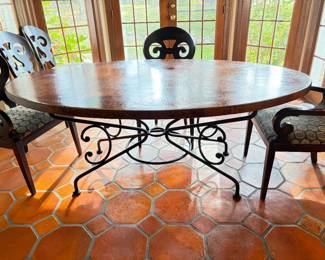 Arhaus Arabesque oval hammered copper & iron dining table 77L x 45W