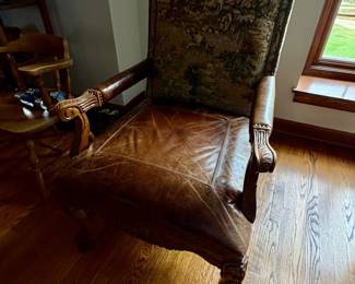 distressed leather and arm chair - equestrian tapestry upholstered back
