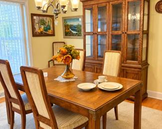 Warm Oak Dining Room with Chandelier