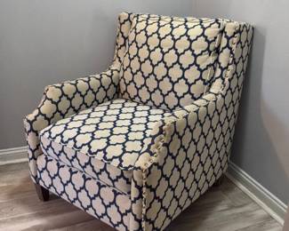 Bassett Furniture Custom Accent Chair featuring a Moroccan-inspired trellis or quatrefoil geometric pattern upholstery, complete with tailored nailhead trim
