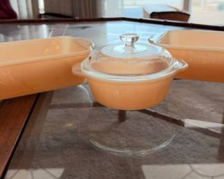 Vintage Fire King Peach Luster. Two loaf pans, and 1 quart round dish with lid