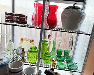 Vintage Ceramic Strawberry Cookie Jar. Vintage Green Depression Glass