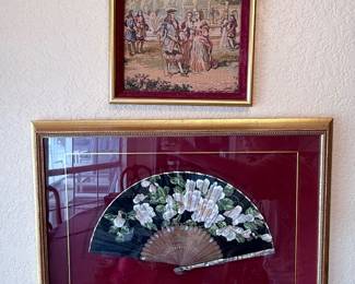 Vintage framed woven Gobelin. Framed Vintage Hand Fan.
