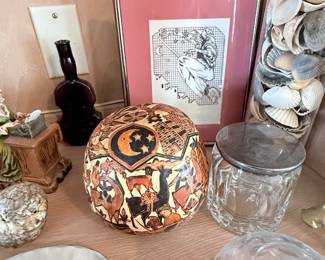 Hand carved Peruvian gourd box. Vintage witch art.
